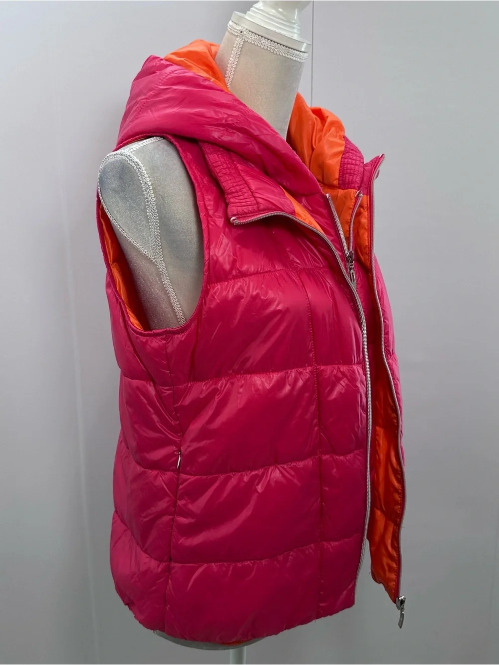 Bright Pink Quilted Hooded Puffer Vest with Orange Hood Lining